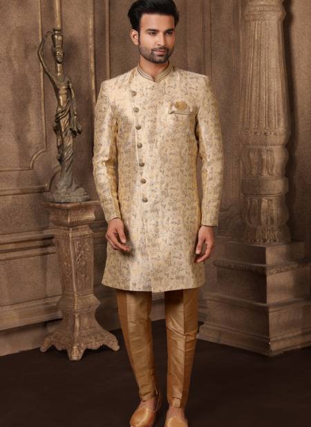 Golden Colour New Party Wear Jacquard Silk Digital Print Indo Western Mens Collection 9220
